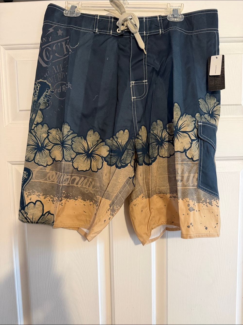 Hard Rock Hibiscus Gtrco Navy and Tan Floral Board Shorts